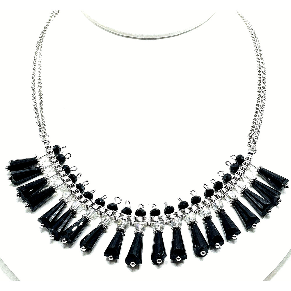 Art Deco Black French Jet Crystal Fringe Collar Necklace Earrings Set Unique